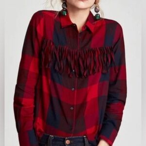 Zara Western Fringe Yoke Button Up Blouse sze S Red Plaid Boho Casual Knit